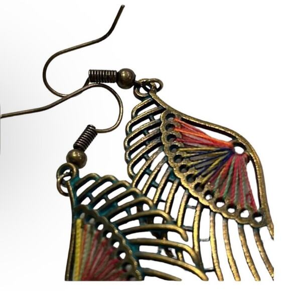 Bohemian Feather Wing Colored Beads And Green Patina On Brass Earrings - Picture 10 of 12